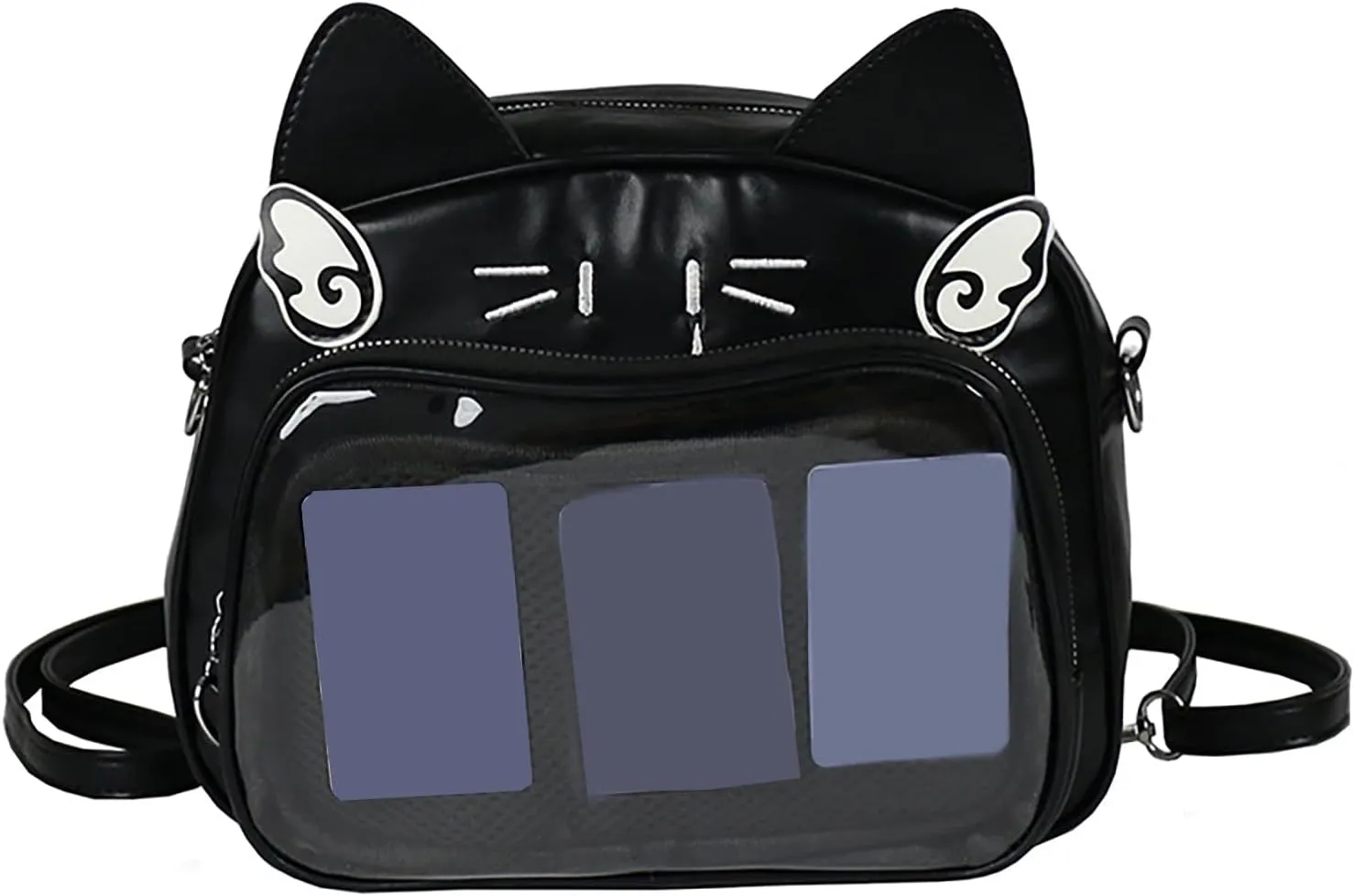 Japanese Anime Cats Itabag PU Backpack for Women and Teen Girls Pin Display Clear Crossbody Bag with Adjustable Straps, Black, 26x13x22cm
