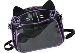 Japanese Anime Cats Itabag PU Backpack for Women and Teen Girls Pin Display Clear Crossbody Bag with Adjustable Straps, Black and Purple, 26x13x22cm