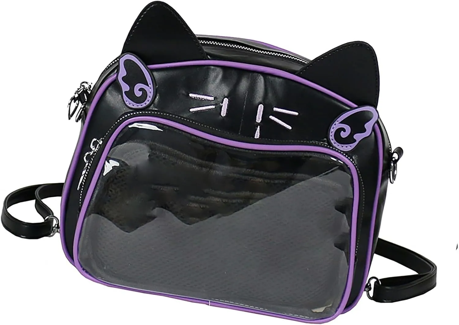 Japanese Anime Cats Itabag PU Backpack for Women and Teen Girls Pin Display Clear Crossbody Bag with Adjustable Straps, Black and Purple, 26x13x22cm
