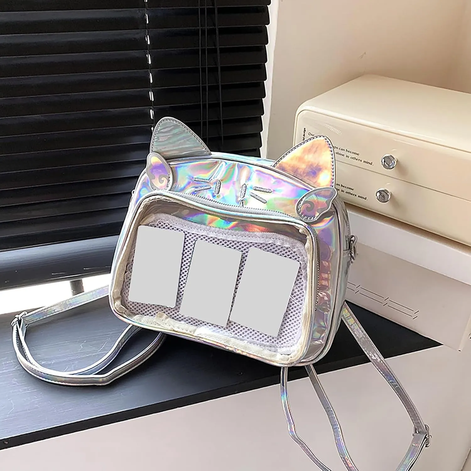 Japanese Anime Cats Itabag PU Backpack for Women and Teen Girls Pin Display Clear Crossbody Bag with Adjustable Straps, Black and Purple, 26x13x22cm