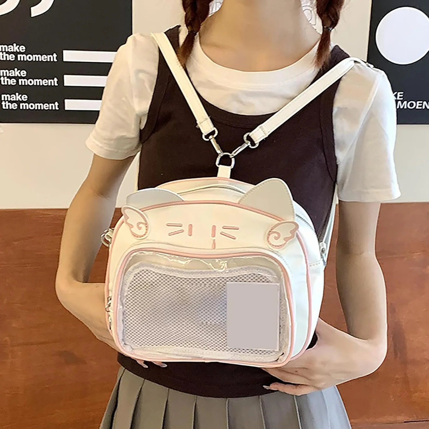 Japanese Anime Cats Itabag PU Backpack for Women and Teen Girls Pin Display Clear Crossbody Bag with Adjustable Straps, Black and Purple, 26x13x22cm