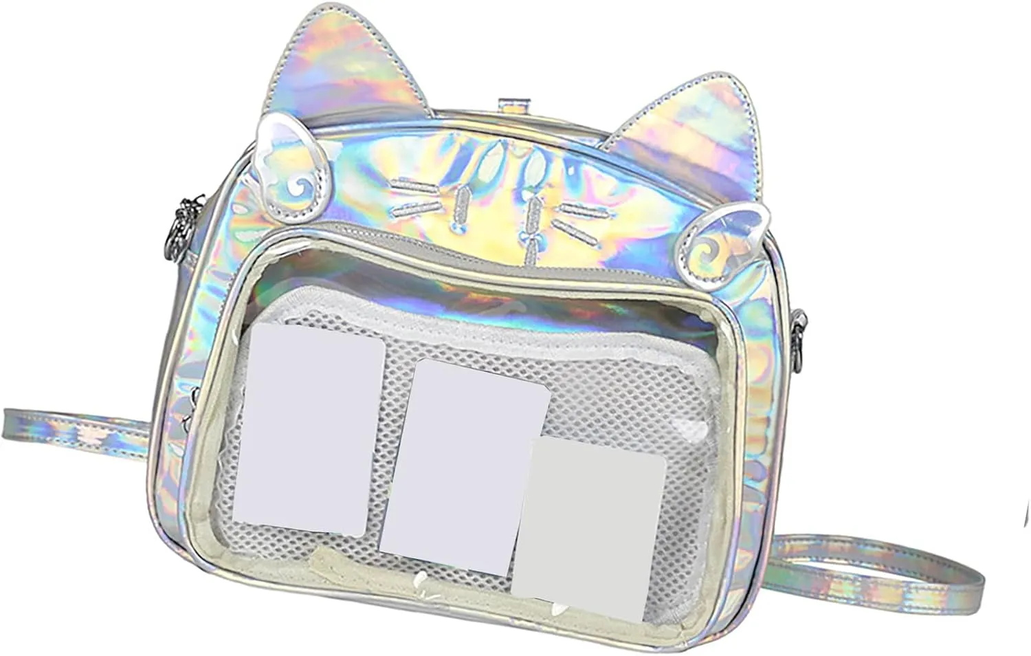 Japanese Anime Cats Itabag PU Backpack for Women and Teen Girls Pin Display Clear Crossbody Bag with Adjustable Straps, Silver, 26x13x22cm