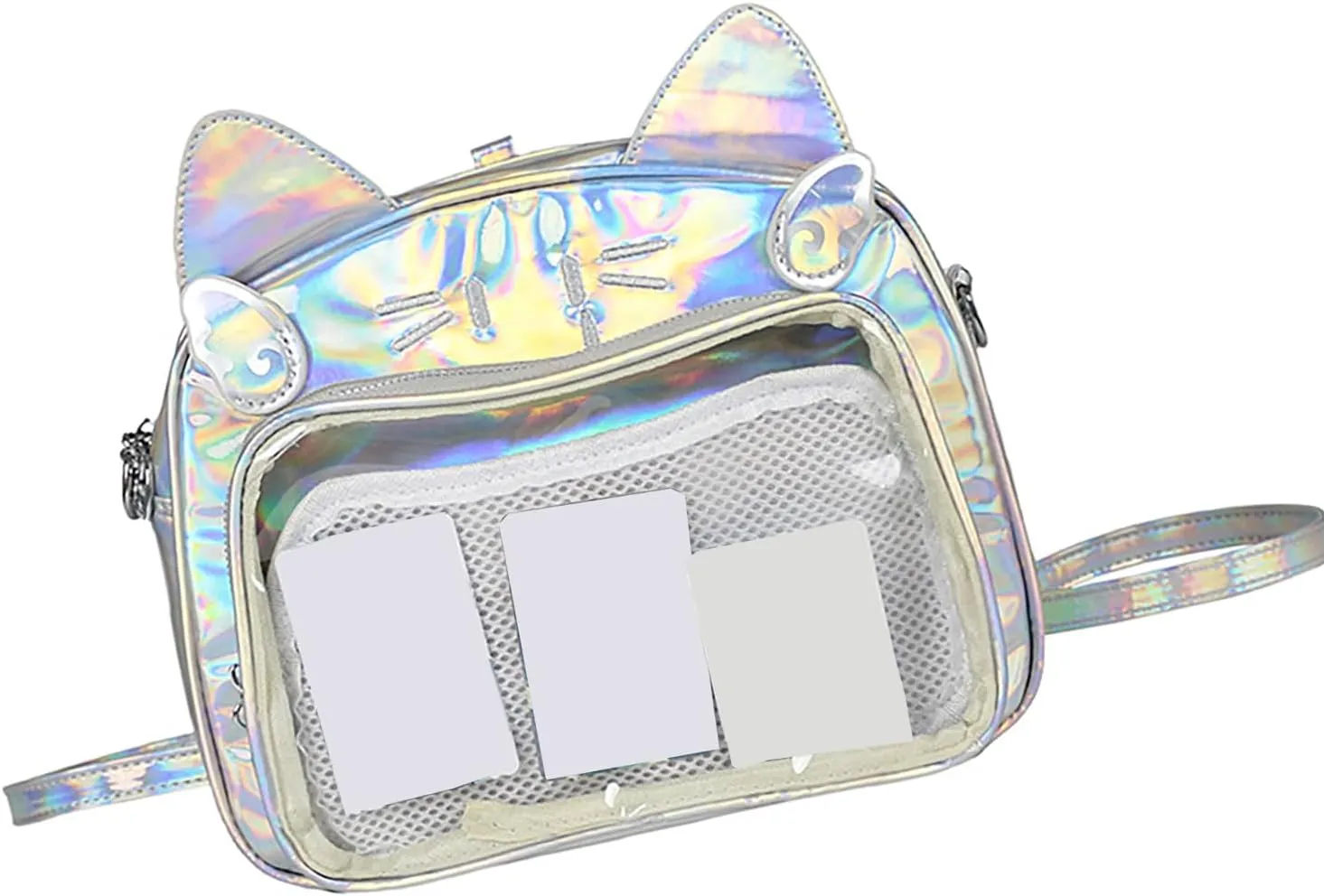 Japanese Anime Cats Itabag PU Backpack for Women and Teen Girls Pin Display Clear Crossbody Bag with Adjustable Straps, Silver, 26x13x22cm
