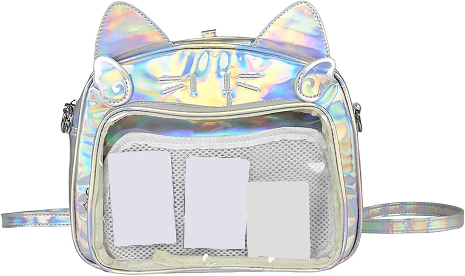Japanese Anime Cats Itabag PU Backpack for Women and Teen Girls Pin Display Clear Crossbody Bag with Adjustable Straps, Silver, 26x13x22cm