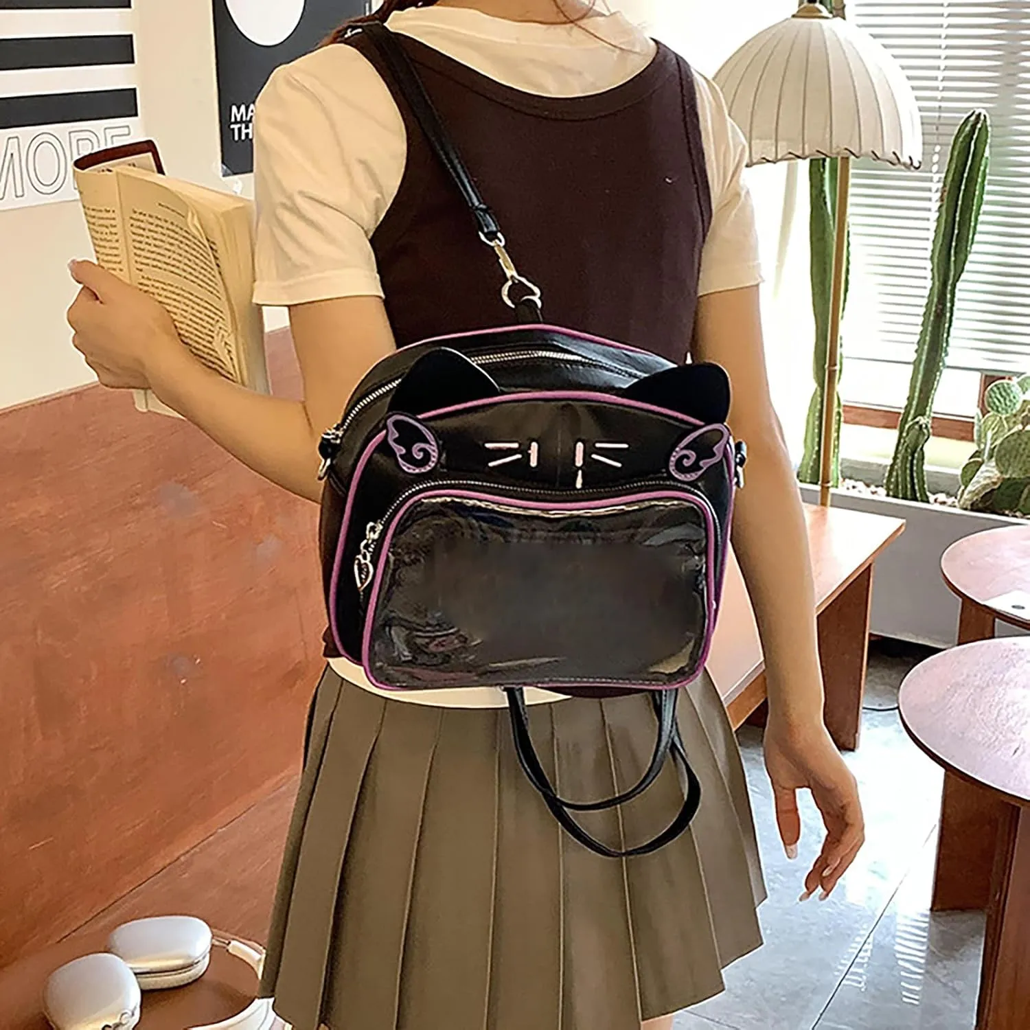 Japanese Anime Cats Itabag PU Backpack for Women and Teen Girls Pin Display Clear Crossbody Bag with Adjustable Straps, Silver, 26x13x22cm