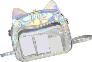 Japanese Anime Cats Itabag PU Backpack for Women and Teen Girls Pin Display Clear Crossbody Bag with Adjustable Straps, Silver, 26x13x22cm