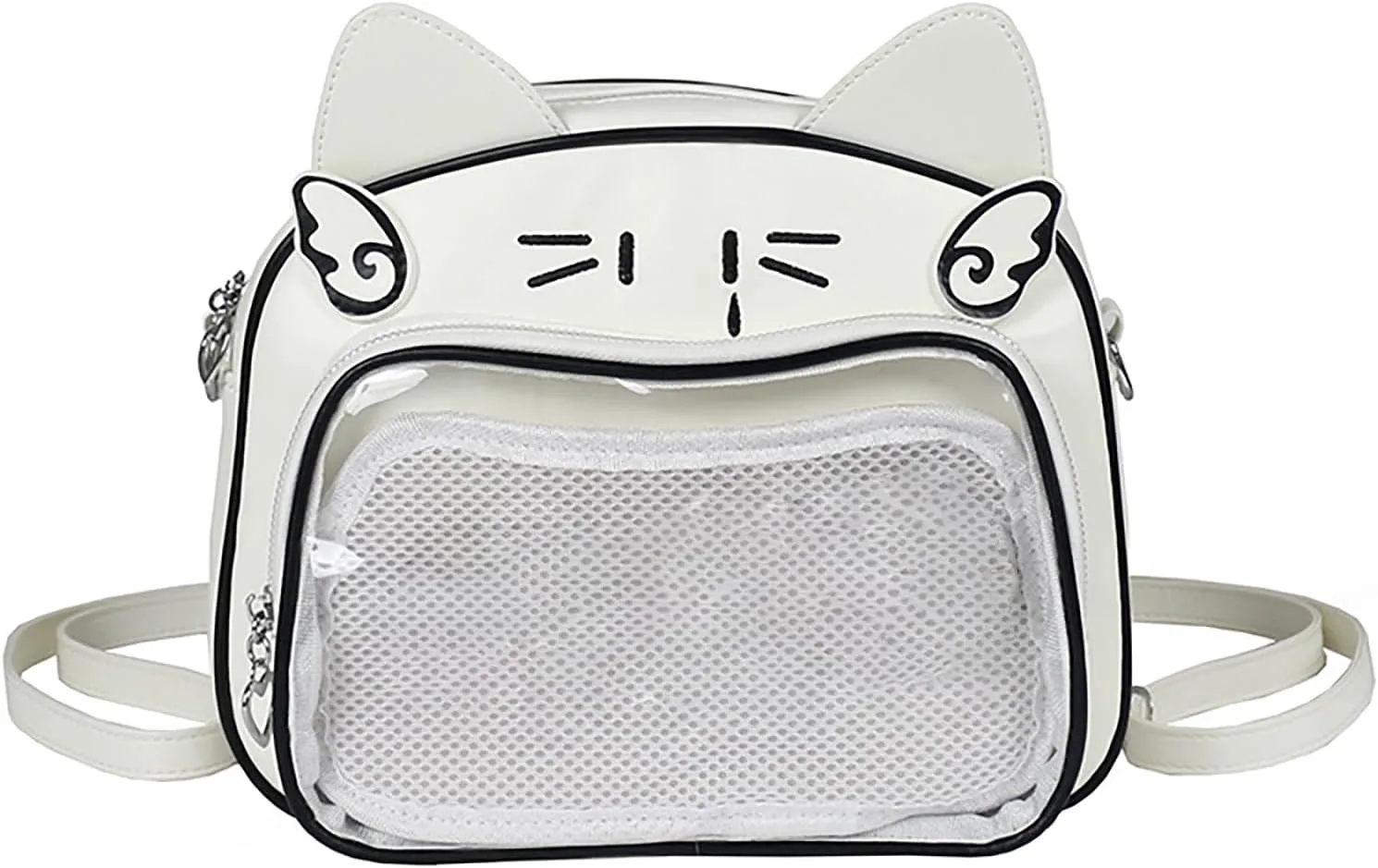 Japanese Anime Cats Itabag PU Backpack for Women and Teen Girls Pin Display Clear Crossbody Bag with Adjustable Straps, White and Black, 26x13x22cm