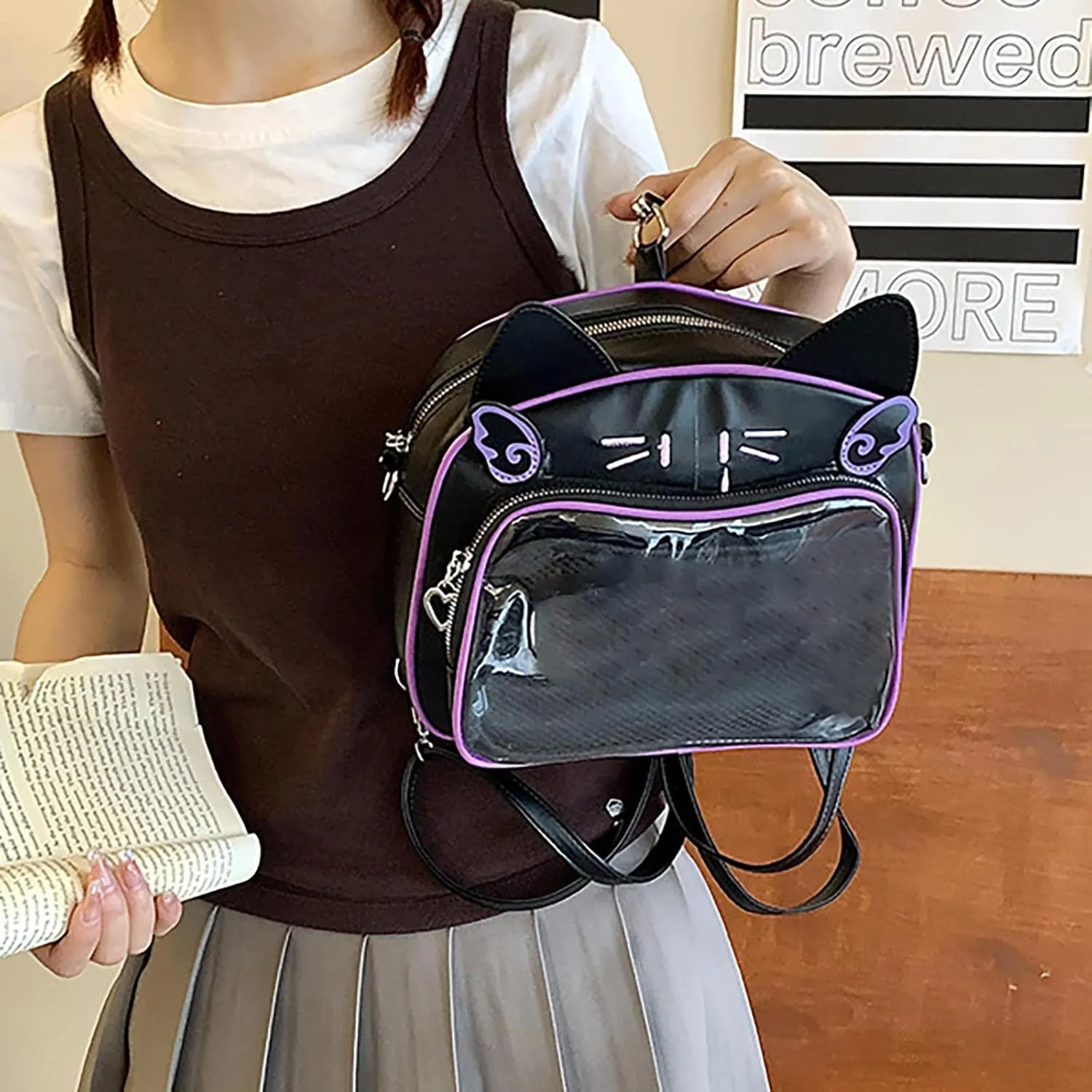 Japanese Anime Cats Itabag PU Backpack for Women and Teen Girls Pin Display Clear Crossbody Bag with Adjustable Straps, White and Black, 26x13x22cm