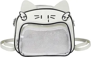 Japanese Anime Cats Itabag PU Backpack for Women and Teen Girls Pin Display Clear Crossbody Bag with Adjustable Straps, White and Black, 26x13x22cm