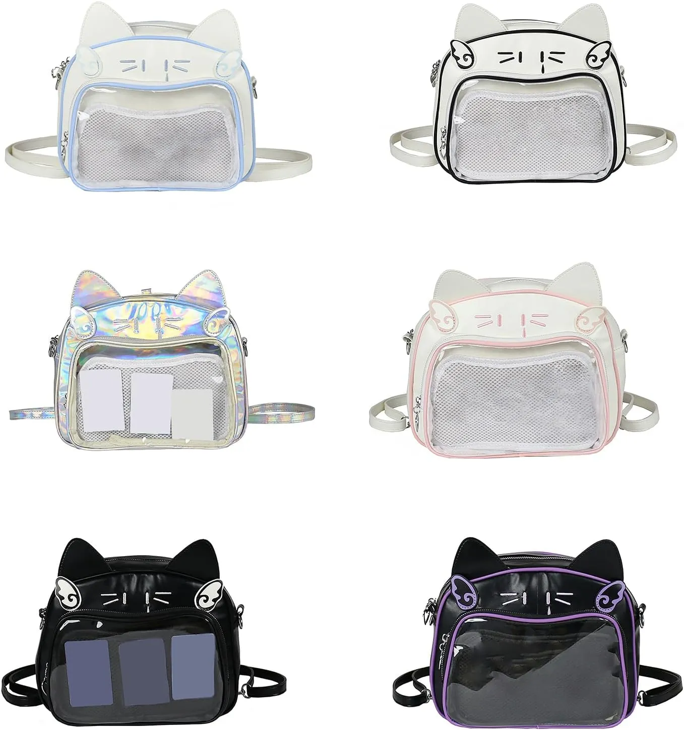 Japanese Anime Cats Itabag PU Backpack for Women and Teen Girls Pin Display Clear Crossbody Bag with Adjustable Straps, White and Black, 26x13x22cm