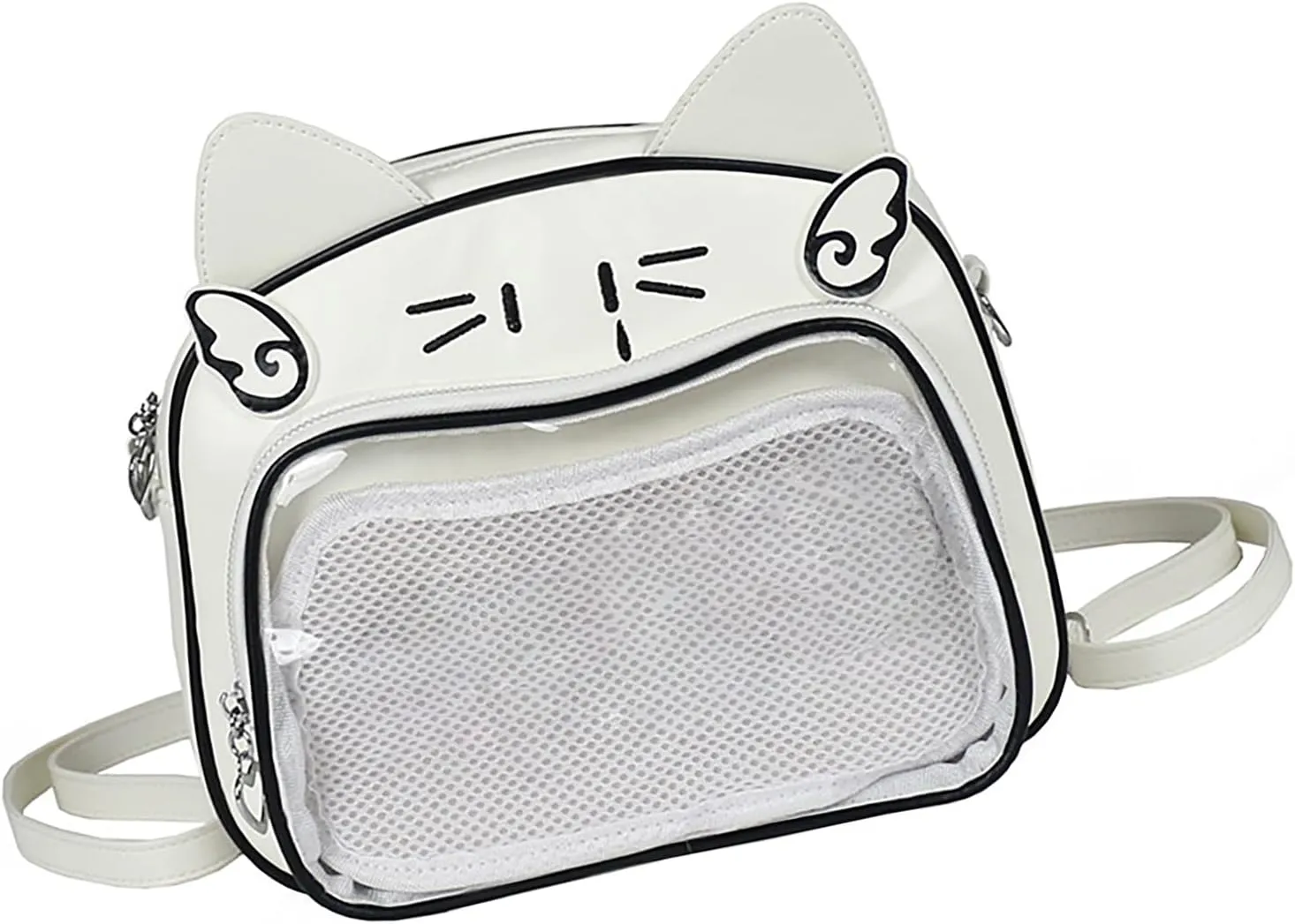 Japanese Anime Cats Itabag PU Backpack for Women and Teen Girls Pin Display Clear Crossbody Bag with Adjustable Straps, White and Black, 26x13x22cm