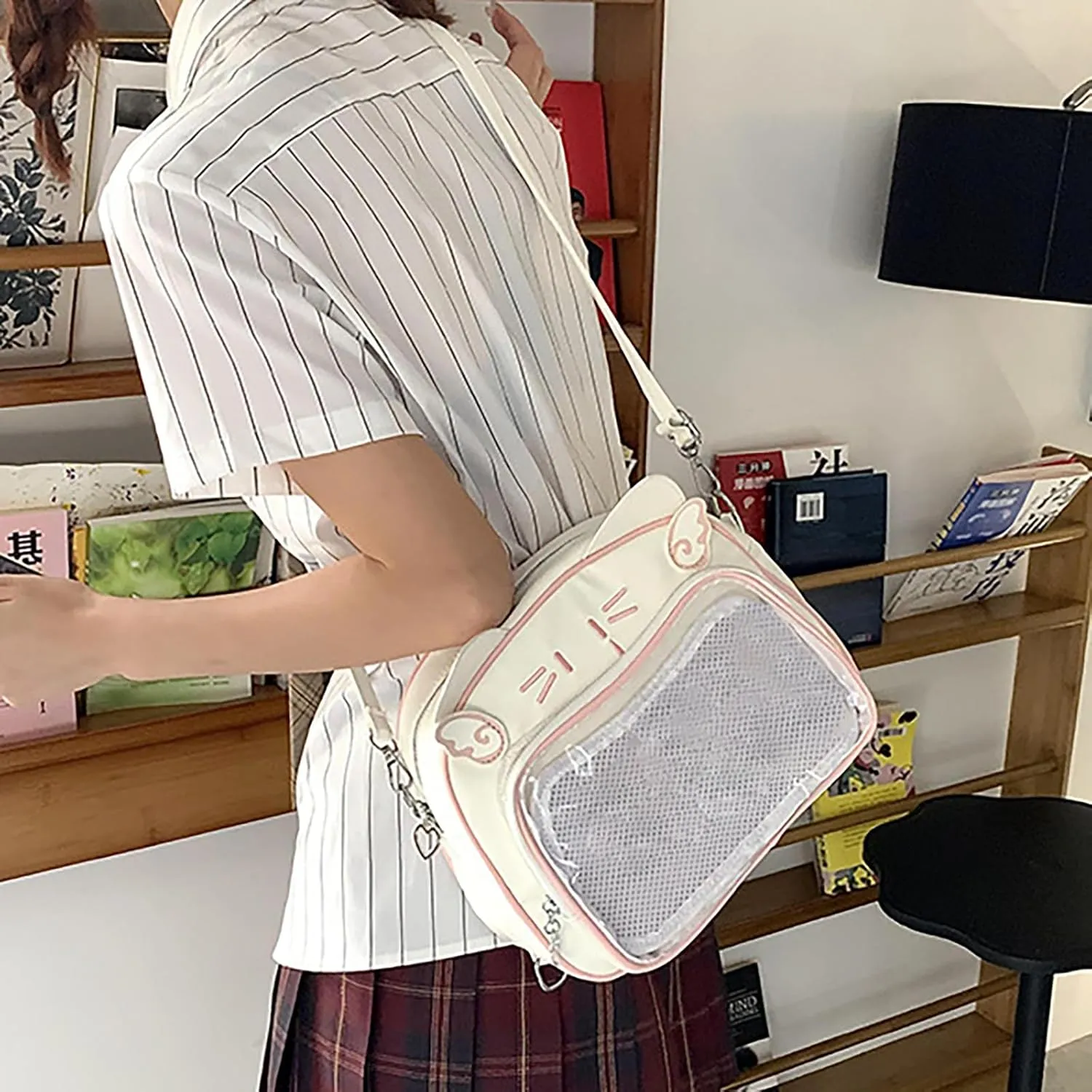 Japanese Anime Cats Itabag PU Backpack for Women and Teen Girls Pin Display Clear Crossbody Bag with Adjustable Straps, White and Black, 26x13x22cm