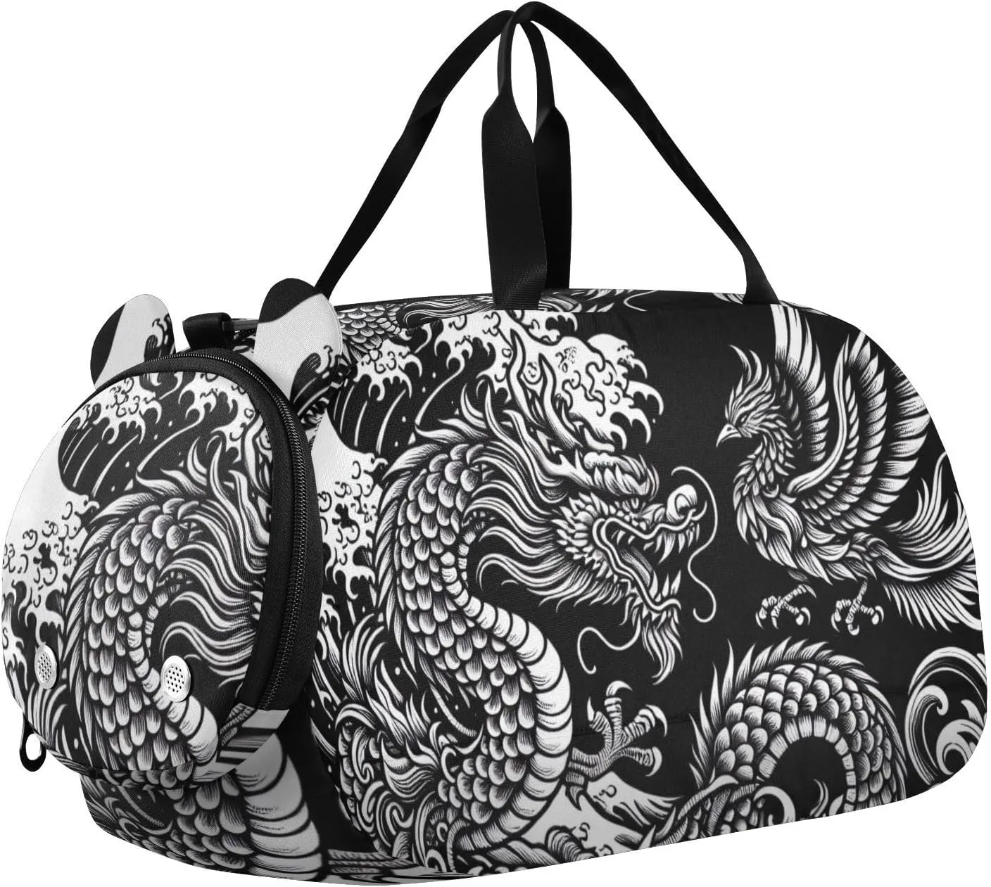Japanese Dragon Phoenix Duffle Bag for Girl, Sports Duffle Gym Bags with Shoe Compartment, Personalized Overnight Bag Travel Weekender for Kids