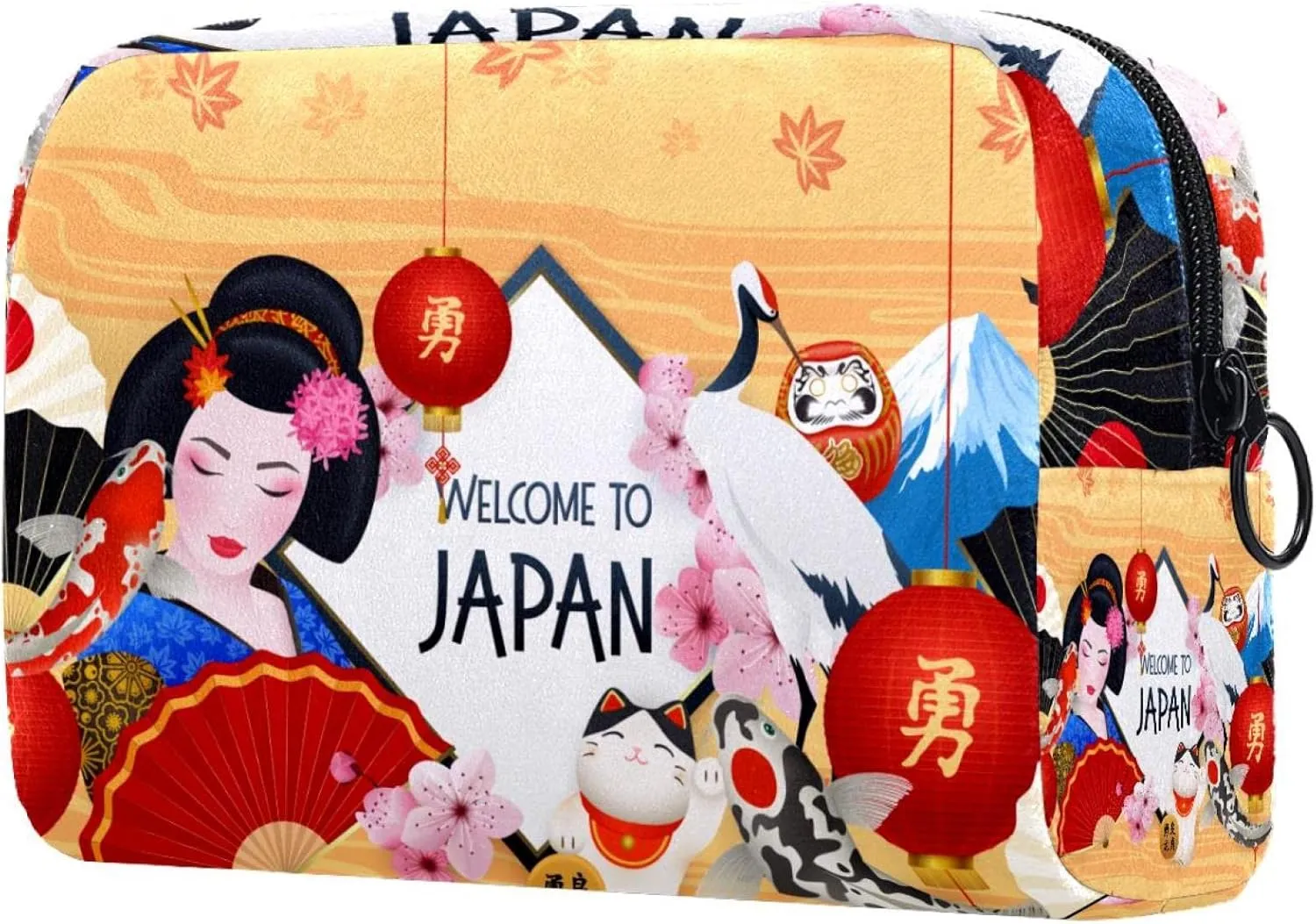 Japanese Geisha Lucky Cat Carps Carps Fuji Mountain Small Makeup Bag Pouch for Purse Travel Cosmetic Bag Portable Toiletry Bag for Women Girls Gifts