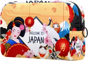 Japanese Geisha Lucky Cat Carps Carps Fuji Mountain Small Makeup Bag Pouch for Purse Travel Cosmetic Bag Portable Toiletry Bag for Women Girls Gifts