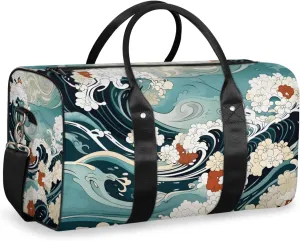 Japanese Waves Travel Duffle Bag for Women Men Gym Duffel Foldable Bag Waterproof Weekender Asian Sea Duffle Tote