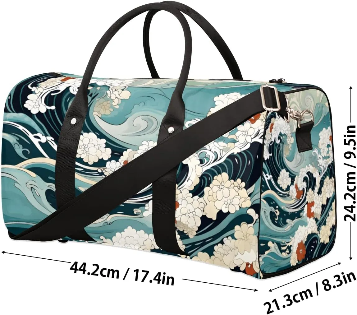 Japanese Waves Travel Duffle Bag for Women Men Gym Duffel Foldable Bag Waterproof Weekender Asian Sea Duffle Tote