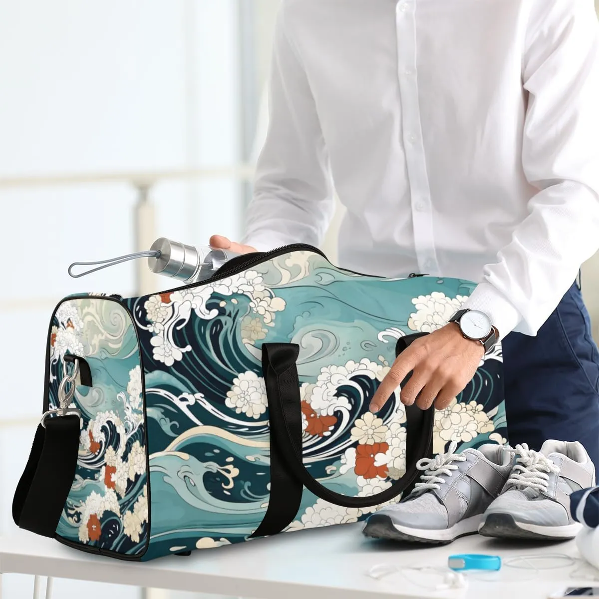 Japanese Waves Travel Duffle Bag for Women Men Gym Duffel Foldable Bag Waterproof Weekender Asian Sea Duffle Tote