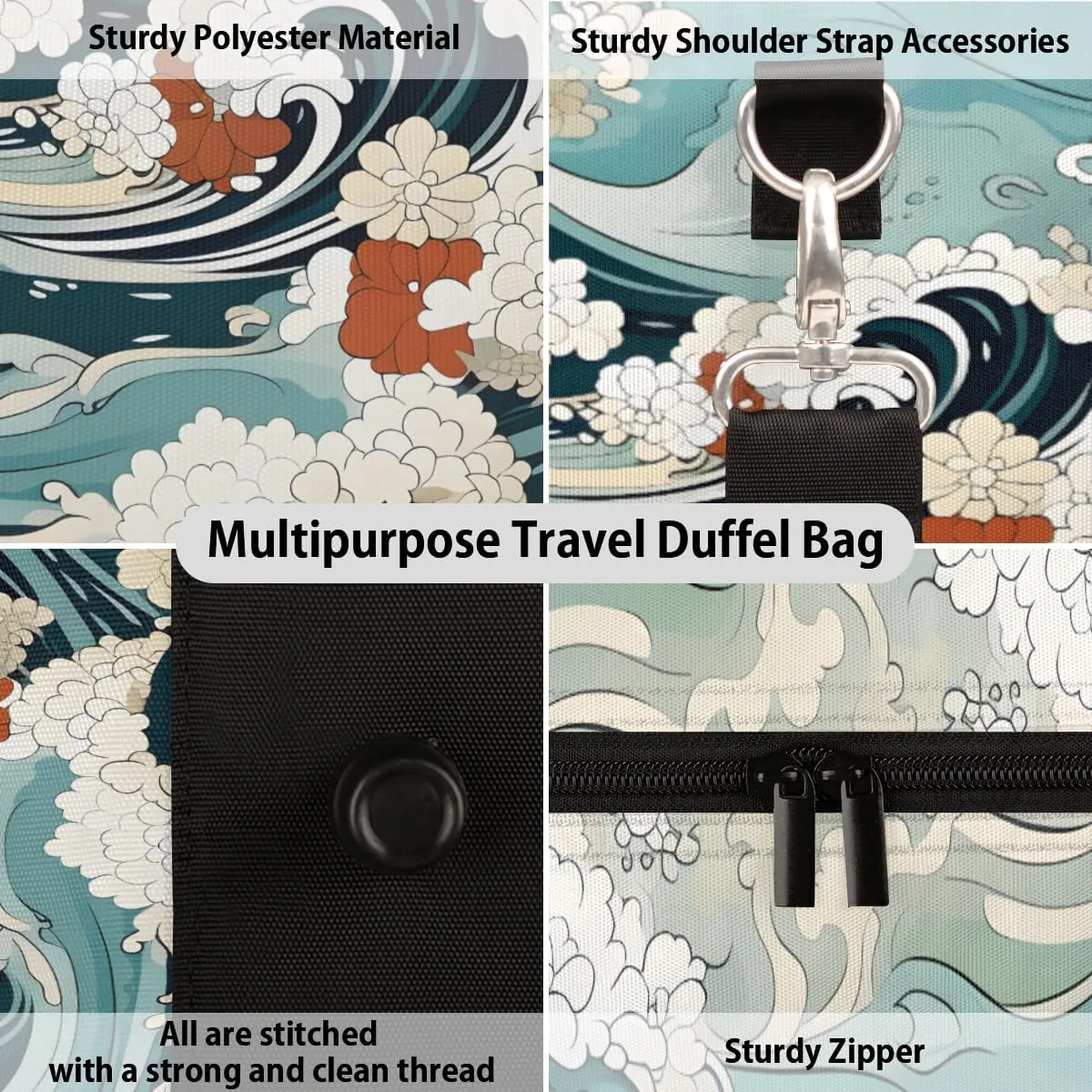 Japanese Waves Travel Duffle Bag for Women Men Gym Duffel Foldable Bag Waterproof Weekender Asian Sea Duffle Tote