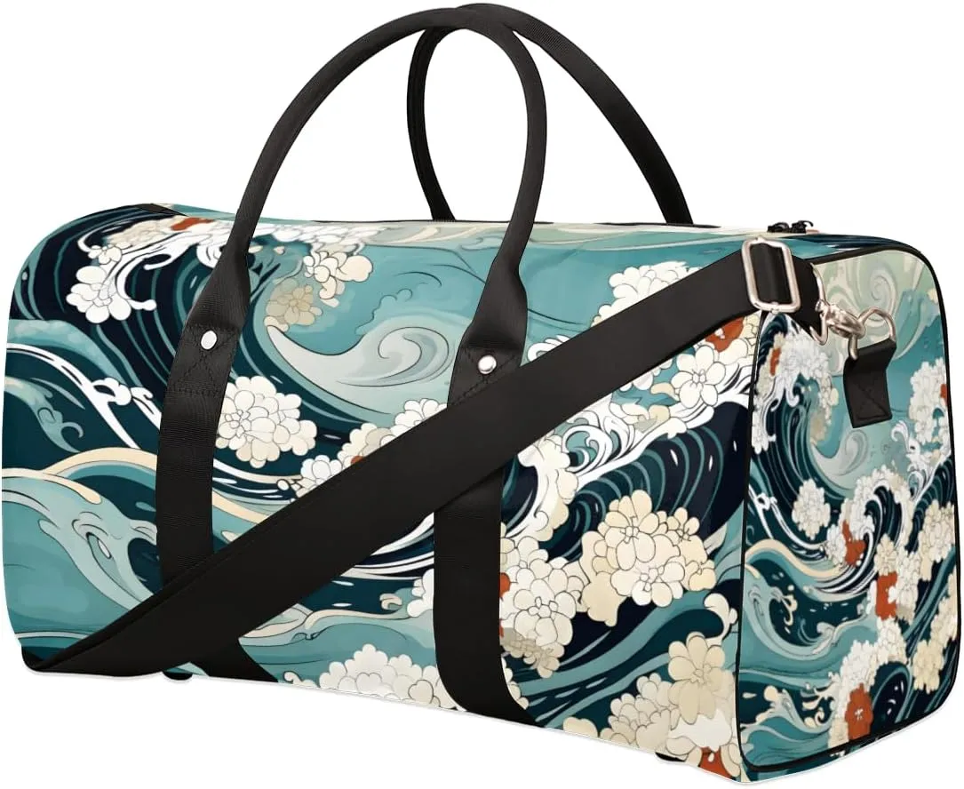 Japanese Waves Travel Duffle Bag for Women Men Gym Duffel Foldable Bag Waterproof Weekender Asian Sea Duffle Tote