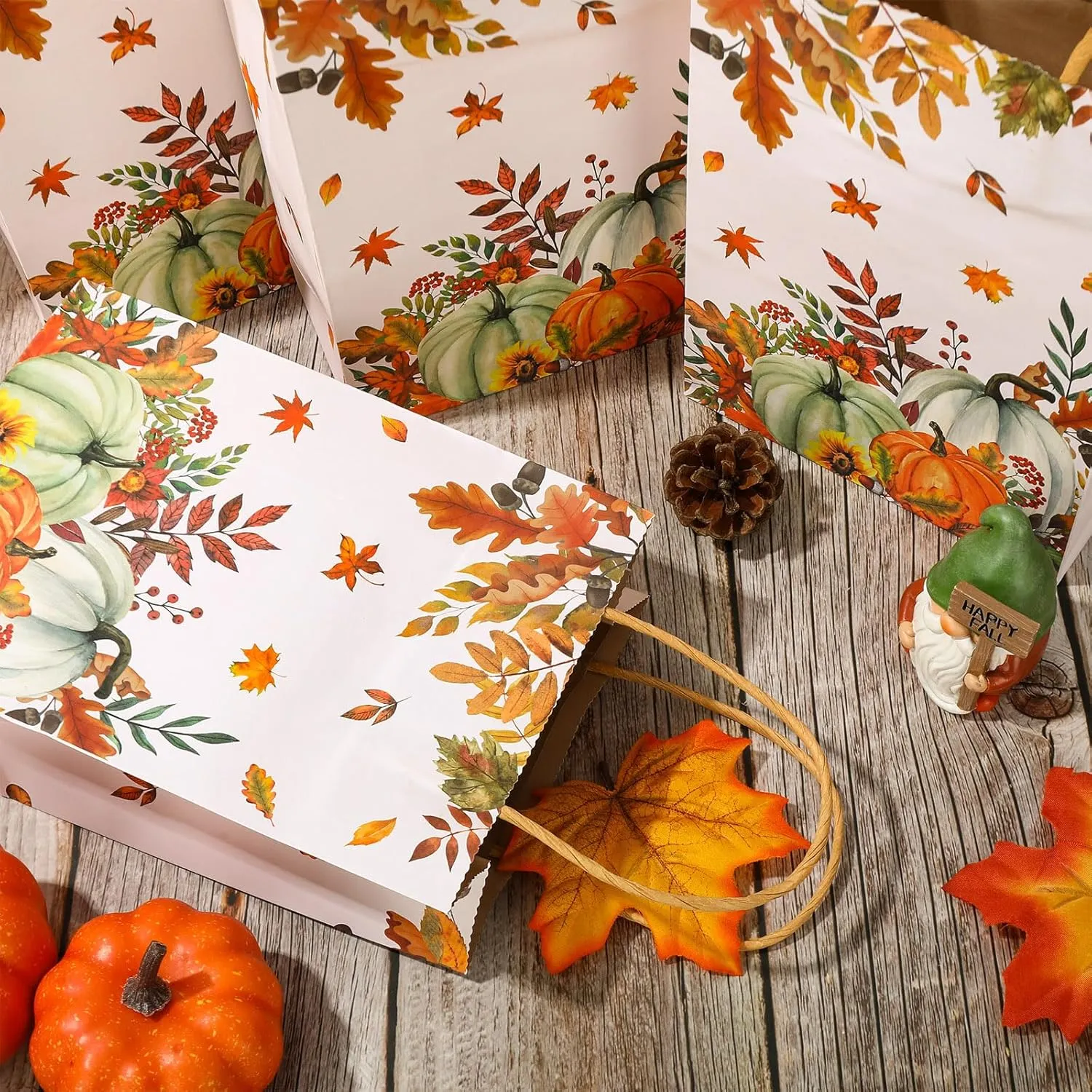 JarThenaAMCS 24Pcs Fall Kraft Paper Gift Bags Pumpkin Leaves Treat Bags with Handles Grocery Shopping Bags Candy Goodie Bags for Autumn Baby Shower Birthday Party Favors Supplies