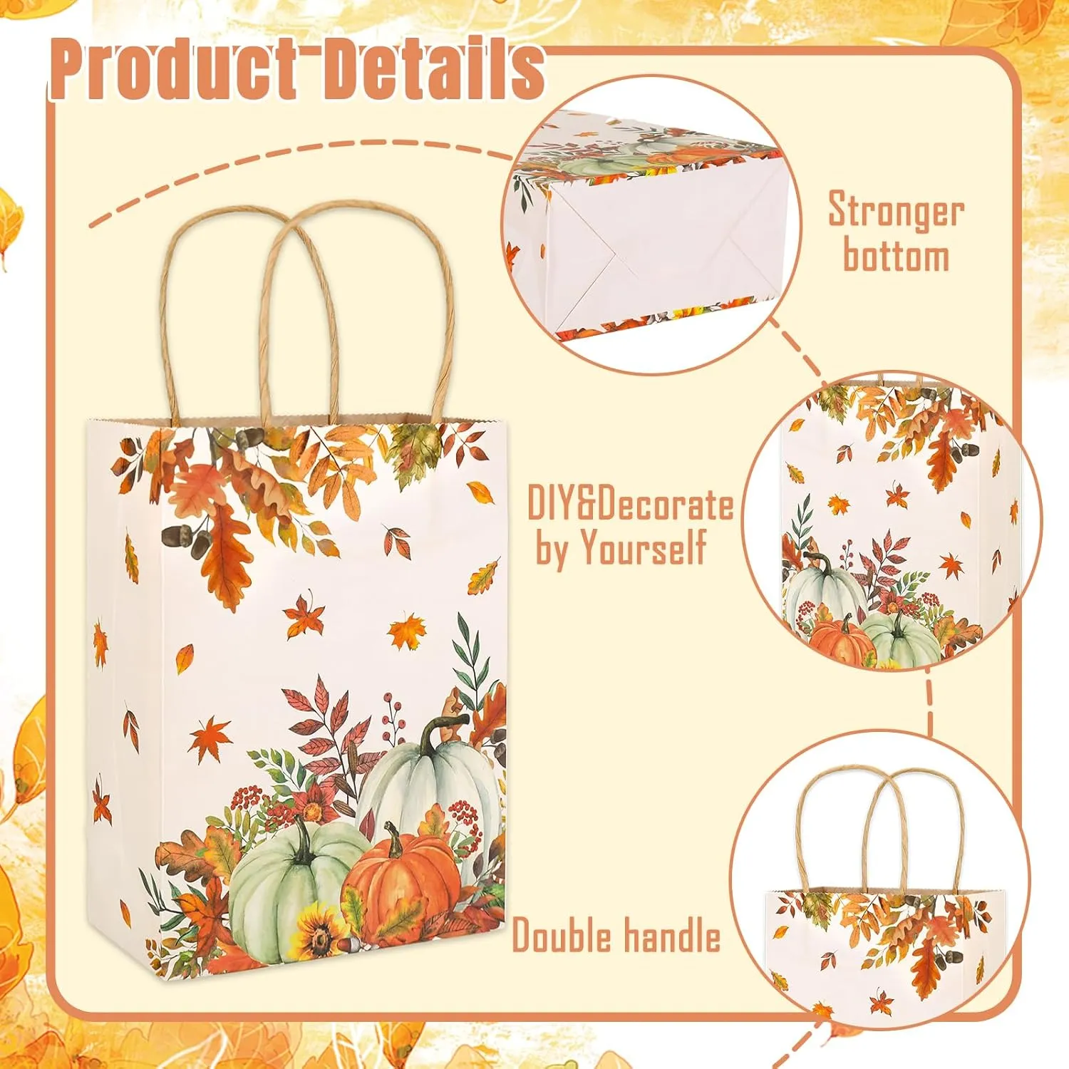 JarThenaAMCS 24Pcs Fall Kraft Paper Gift Bags Pumpkin Leaves Treat Bags with Handles Grocery Shopping Bags Candy Goodie Bags for Autumn Baby Shower Birthday Party Favors Supplies