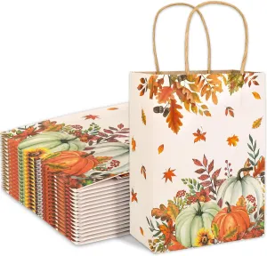 JarThenaAMCS 24Pcs Fall Kraft Paper Gift Bags Pumpkin Leaves Treat Bags with Handles Grocery Shopping Bags Candy Goodie Bags for Autumn Baby Shower Birthday Party Favors Supplies