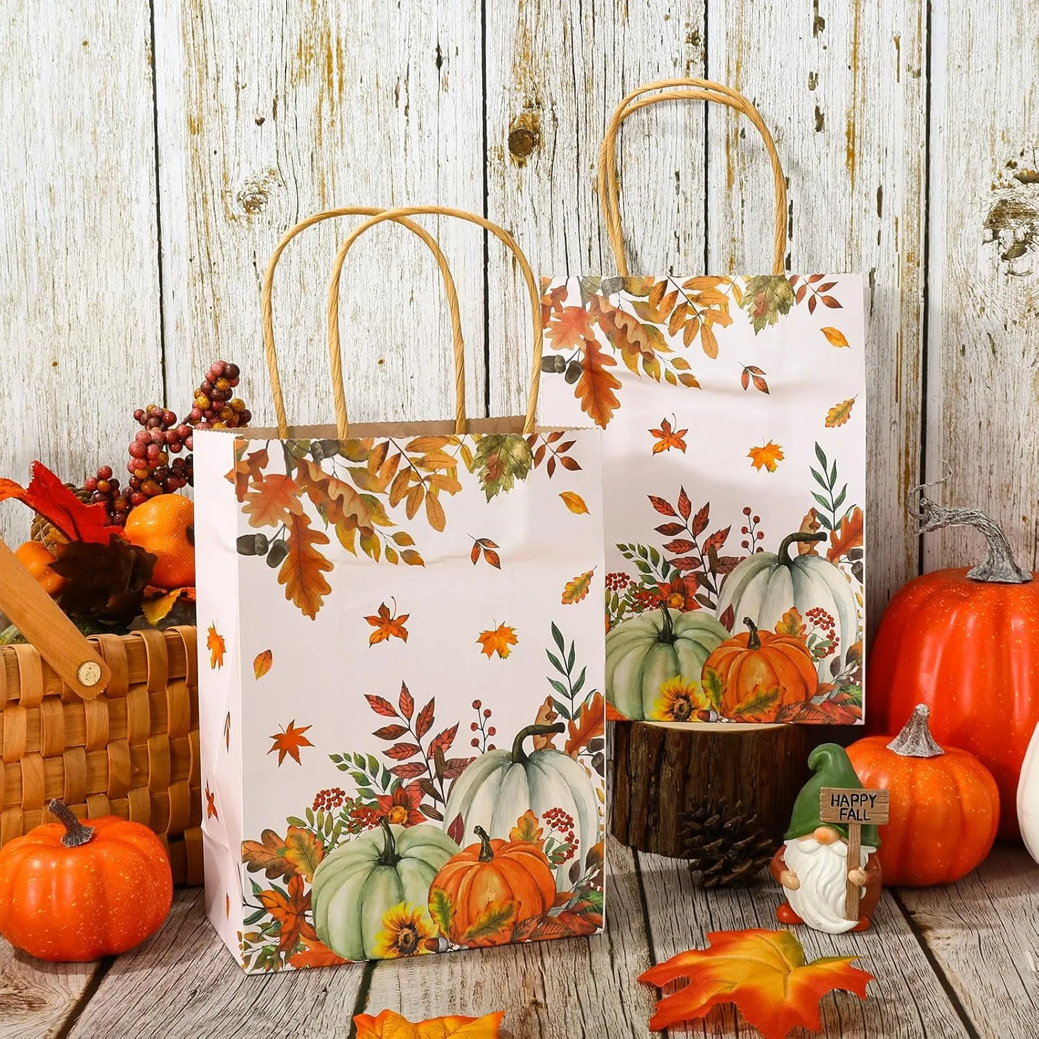 JarThenaAMCS 24Pcs Fall Kraft Paper Gift Bags Pumpkin Leaves Treat Bags with Handles Grocery Shopping Bags Candy Goodie Bags for Autumn Baby Shower Birthday Party Favors Supplies