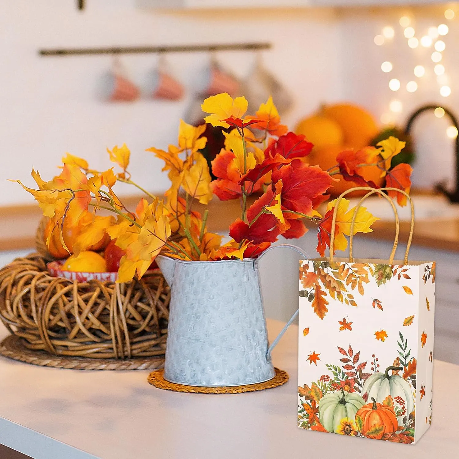 JarThenaAMCS 24Pcs Fall Kraft Paper Gift Bags Pumpkin Leaves Treat Bags with Handles Grocery Shopping Bags Candy Goodie Bags for Autumn Baby Shower Birthday Party Favors Supplies