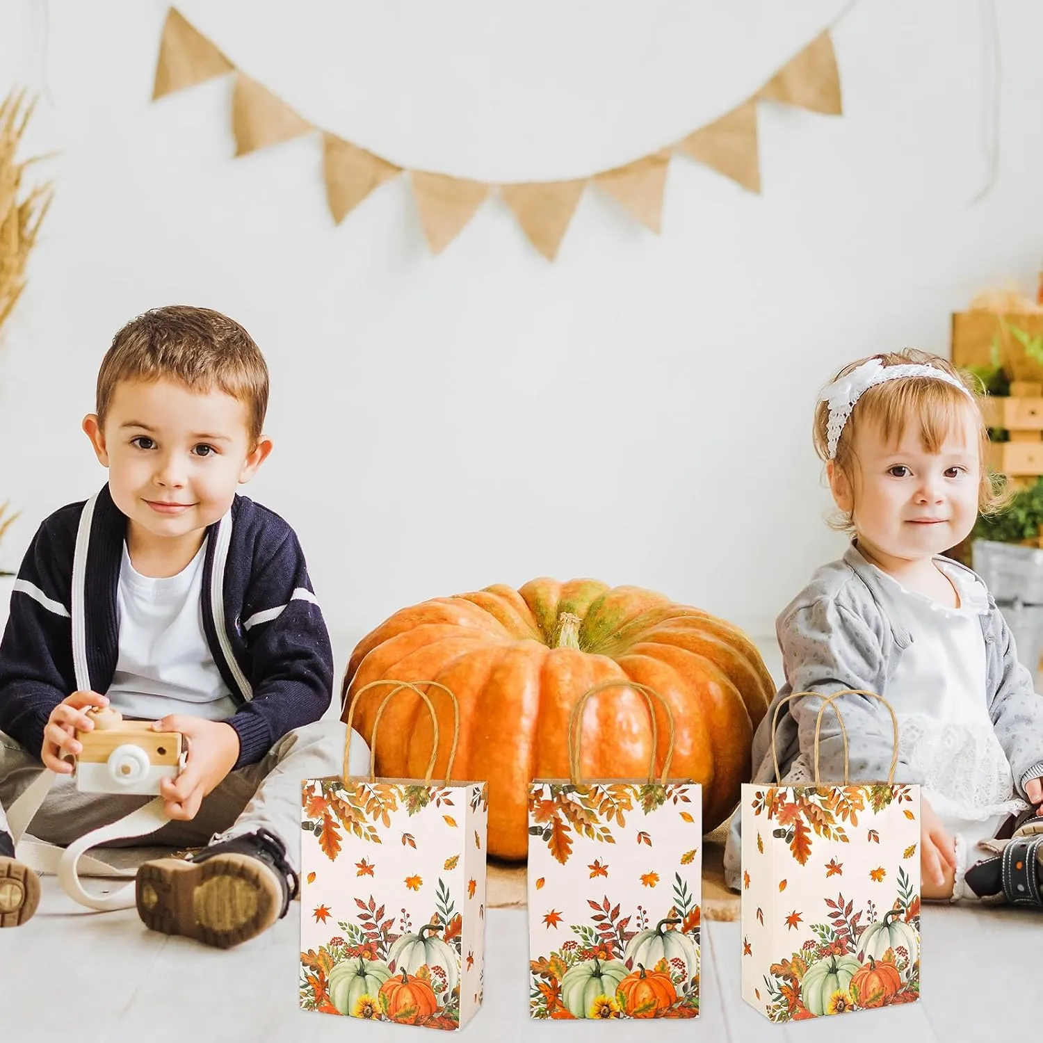 JarThenaAMCS 24Pcs Fall Kraft Paper Gift Bags Pumpkin Leaves Treat Bags with Handles Grocery Shopping Bags Candy Goodie Bags for Autumn Baby Shower Birthday Party Favors Supplies