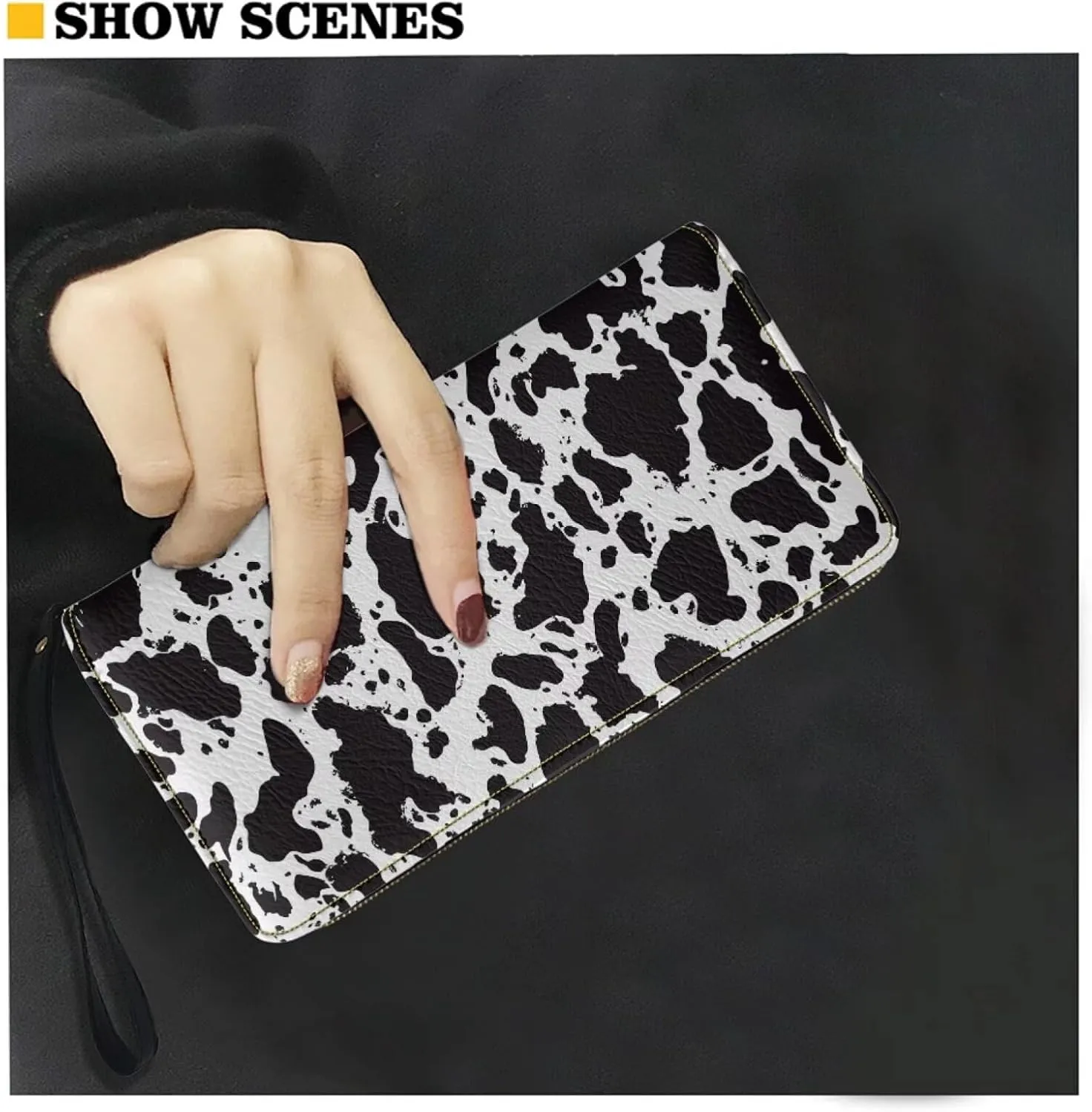 Jeiento Cow Print Women's PU Leather Zip Around Wallet Clutch with Wristlet Strap Large Capacity