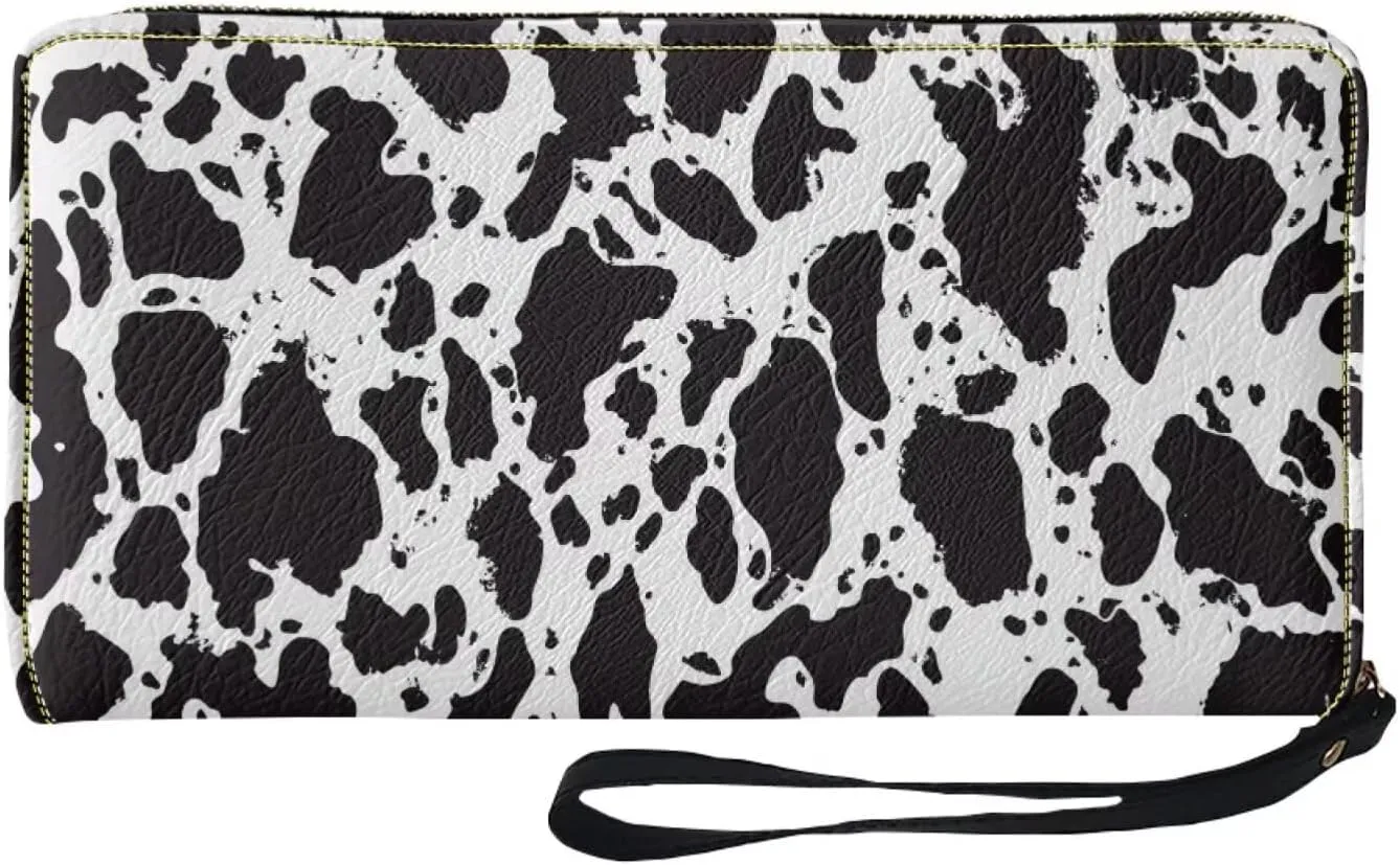 Jeiento Cow Print Women's PU Leather Zip Around Wallet Clutch with Wristlet Strap Large Capacity
