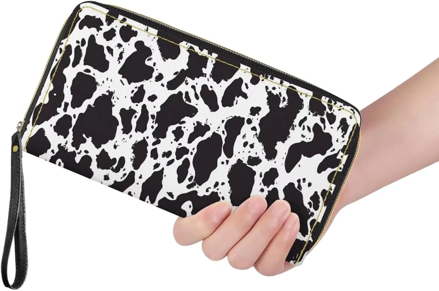 Jeiento Cow Print Women's PU Leather Zip Around Wallet Clutch with Wristlet Strap Large Capacity