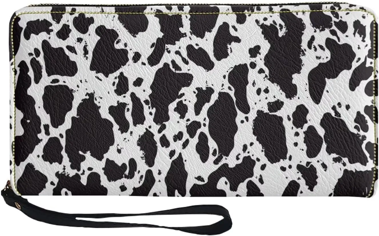 Jeiento Cow Print Women's PU Leather Zip Around Wallet Clutch with Wristlet Strap Large Capacity