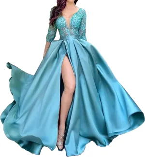 JEKE-DG Women's High Slit Slim Fit Cocktail Party Dress Deep V Neck Elegant Wedding Dress Flowy Solid Comfort Dresses