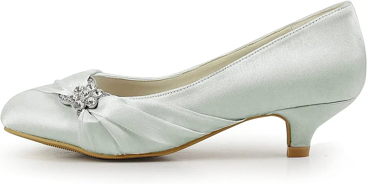 JIAJIA 0112A Women's Bridal Shoes Closed Toe Low Heel Comfort Satin Pumps Crystal Wedding Shoes