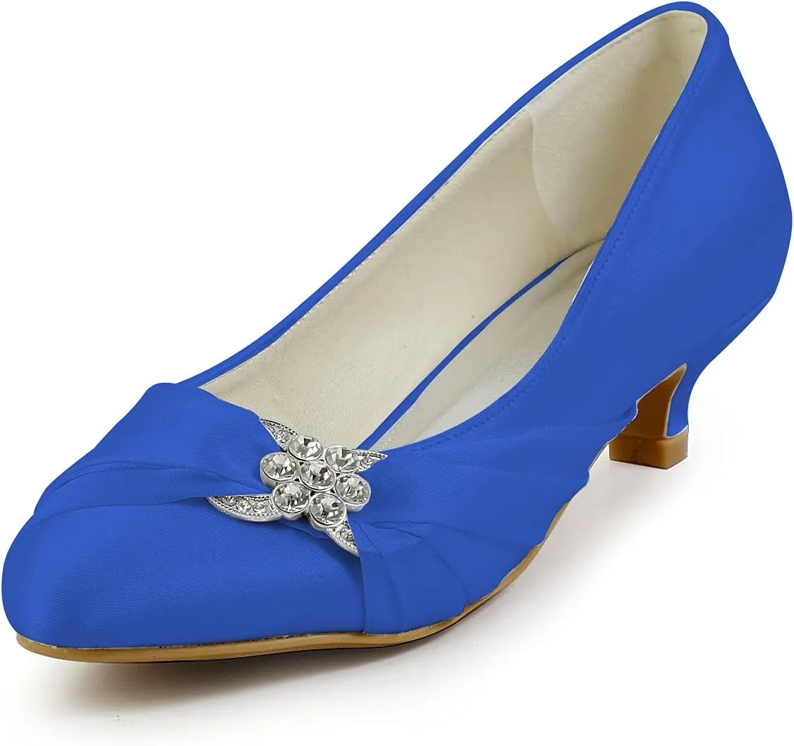 JIAJIA 0112A Women's Bridal Shoes Closed Toe Low Heel Comfort Satin Pumps Crystal Wedding Shoes