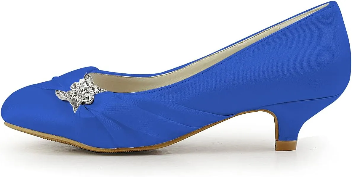 JIAJIA 0112A Women's Bridal Shoes Closed Toe Low Heel Comfort Satin Pumps Crystal Wedding Shoes