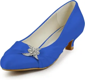 JIAJIA 0112A Women's Bridal Shoes Closed Toe Low Heel Comfort Satin Pumps Crystal Wedding Shoes