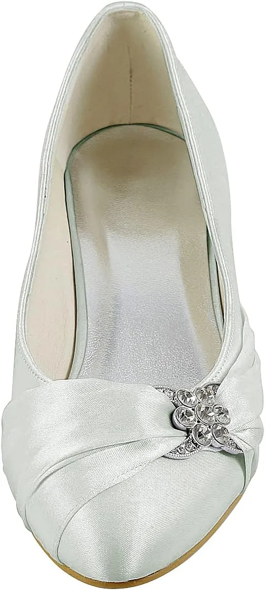 JIAJIA 0112A Women's Bridal Shoes Closed Toe Low Heel Comfort Satin Pumps Crystal Wedding Shoes