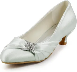JIAJIA 0112A Women's Bridal Shoes Closed Toe Low Heel Comfort Satin Pumps Crystal Wedding Shoes