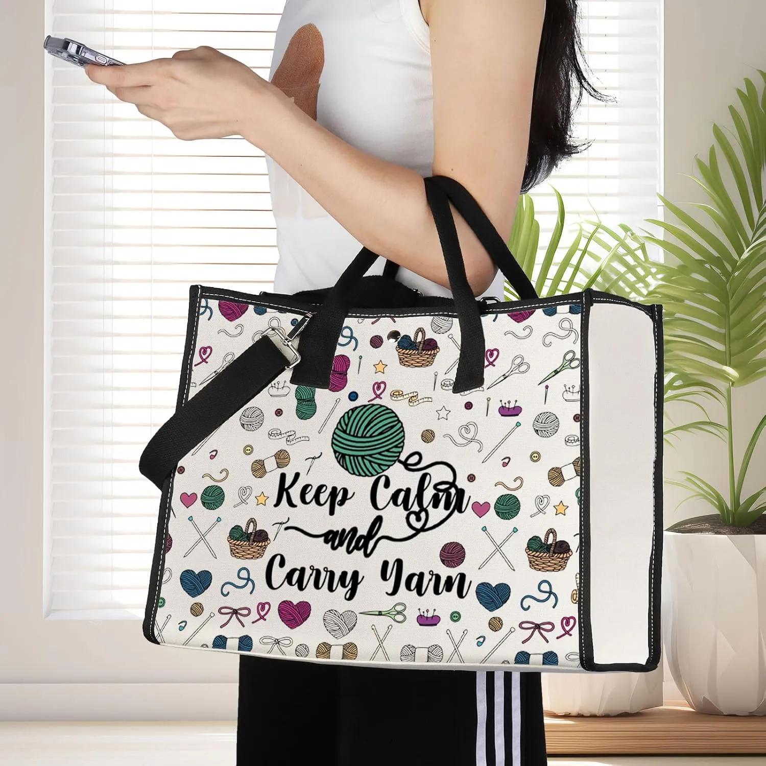 JNIAP Crochet Tote Bag For Crochet Lovers - Knitting Shoulder Bag Yarn Lover Keep Calm And Carry Yarn