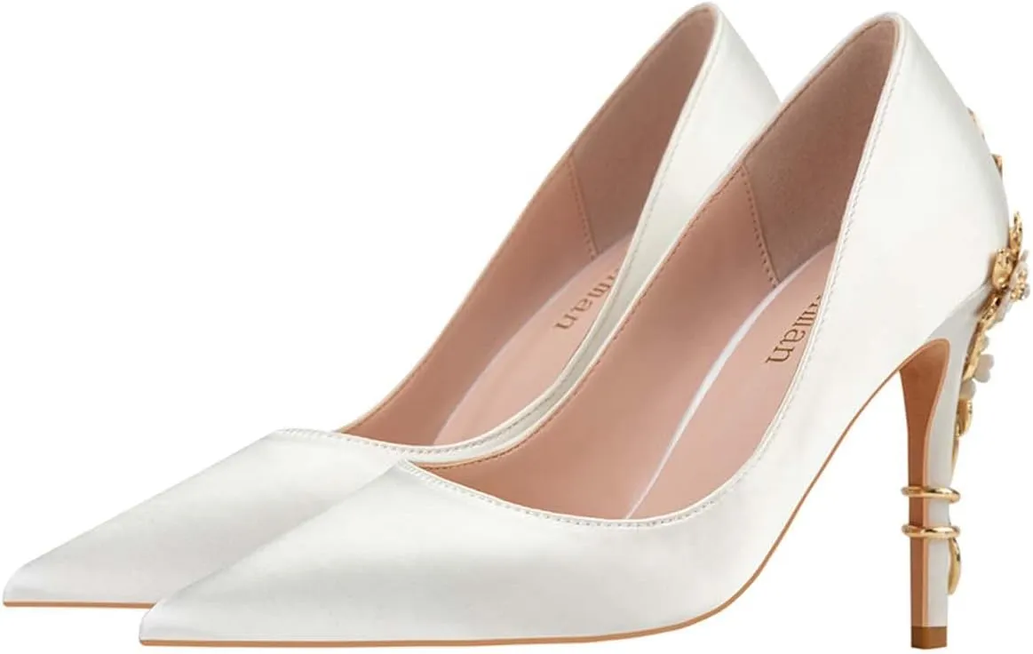 JOEupin High Heels Womens Pointed Toe Heels Satin Pumps Stiletto Bridal Party Dress Evening Wedding Shoes for Woman