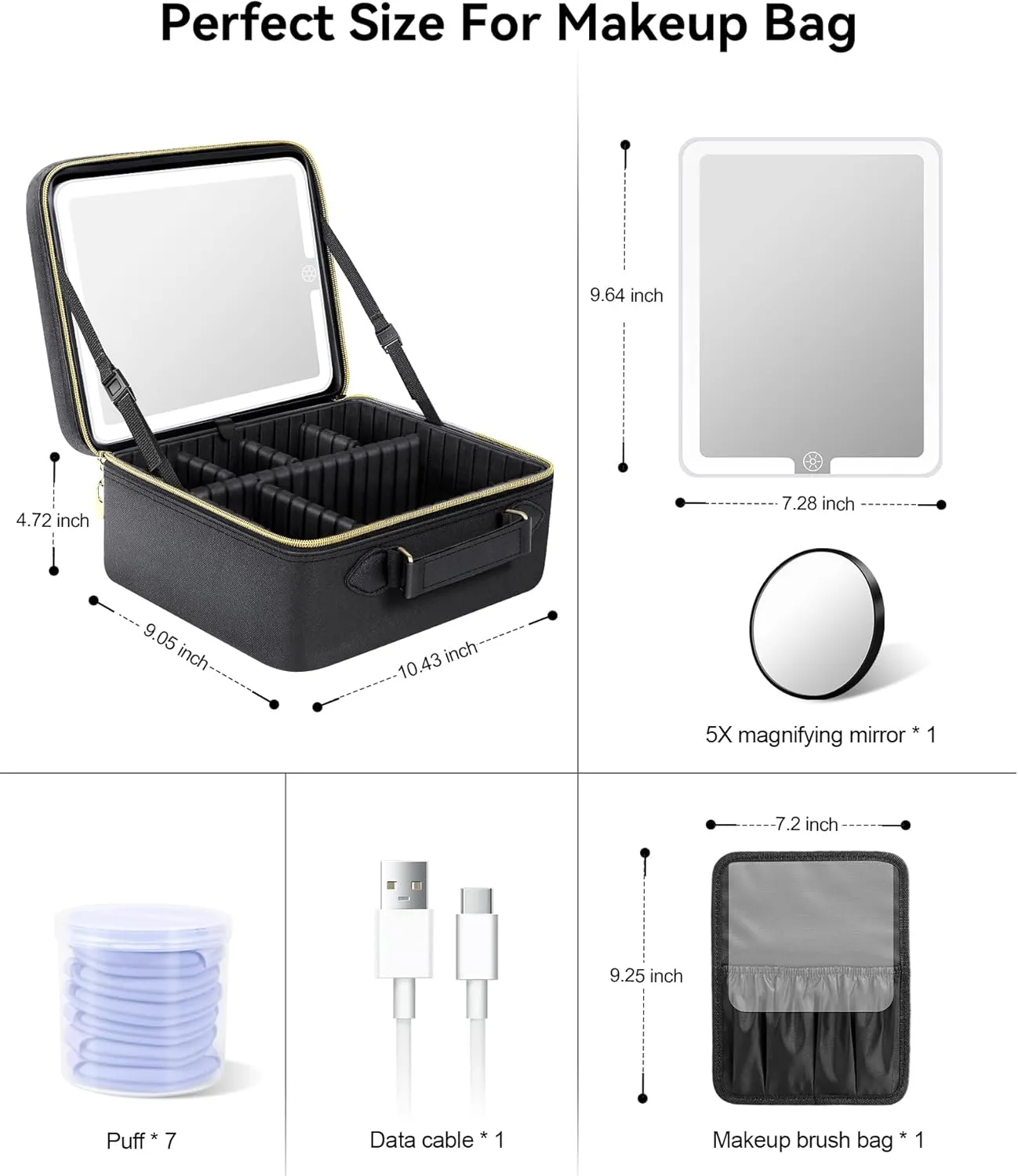 JUSRON Travel Makeup Bag With LED Mirror,Train Case with Light up Mirror, Portable Makeup Artist Organizer Bag with Adjustable Dividers, Makeup Brush Holder Storage(Black, Large)