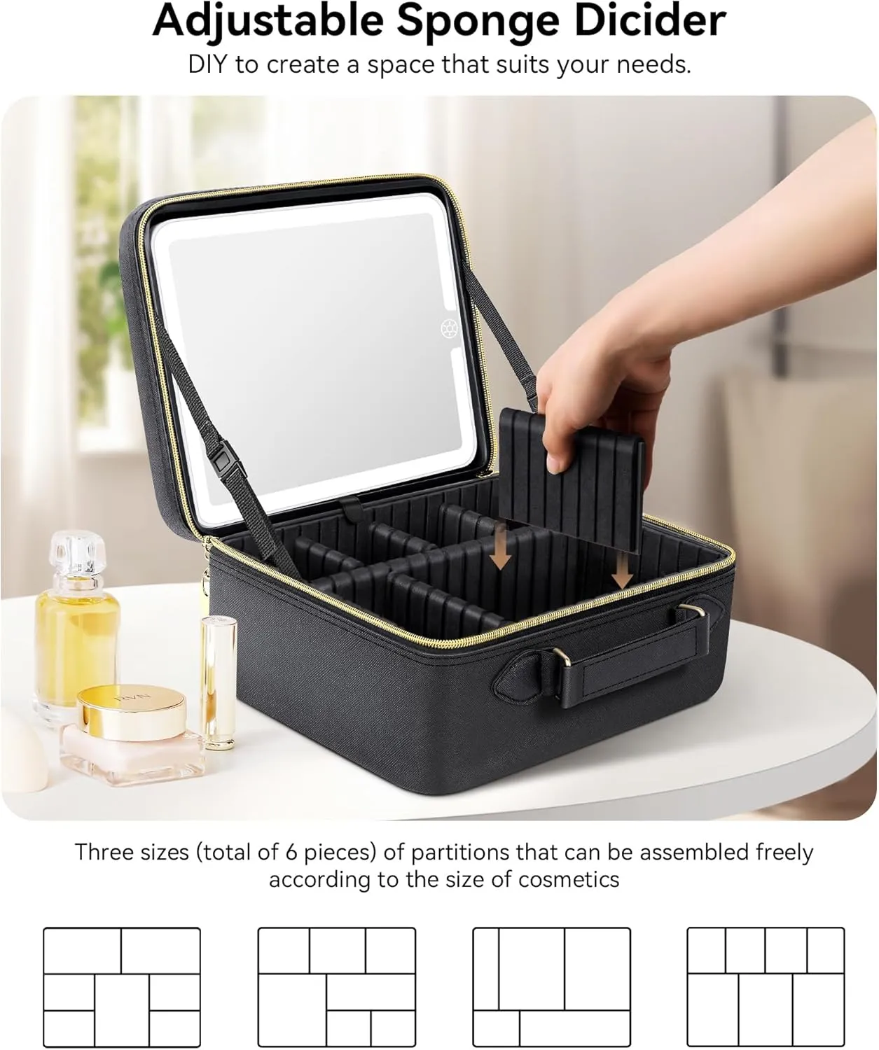 JUSRON Travel Makeup Bag With LED Mirror,Train Case with Light up Mirror, Portable Makeup Artist Organizer Bag with Adjustable Dividers, Makeup Brush Holder Storage(Black, Large)