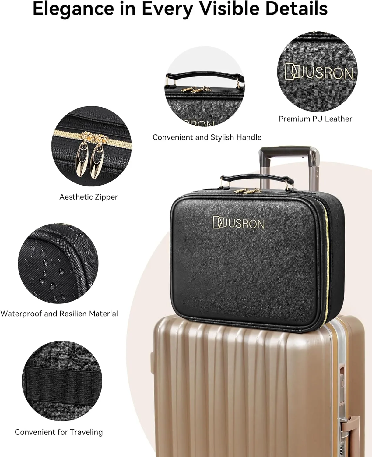JUSRON Travel Makeup Bag With LED Mirror,Train Case with Light up Mirror, Portable Makeup Artist Organizer Bag with Adjustable Dividers, Makeup Brush Holder Storage(Black, Large)