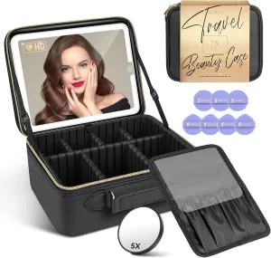 JUSRON Travel Makeup Bag With LED Mirror,Train Case with Light up Mirror, Portable Makeup Artist Organizer Bag with Adjustable Dividers, Makeup Brush Holder Storage(Black, Large)