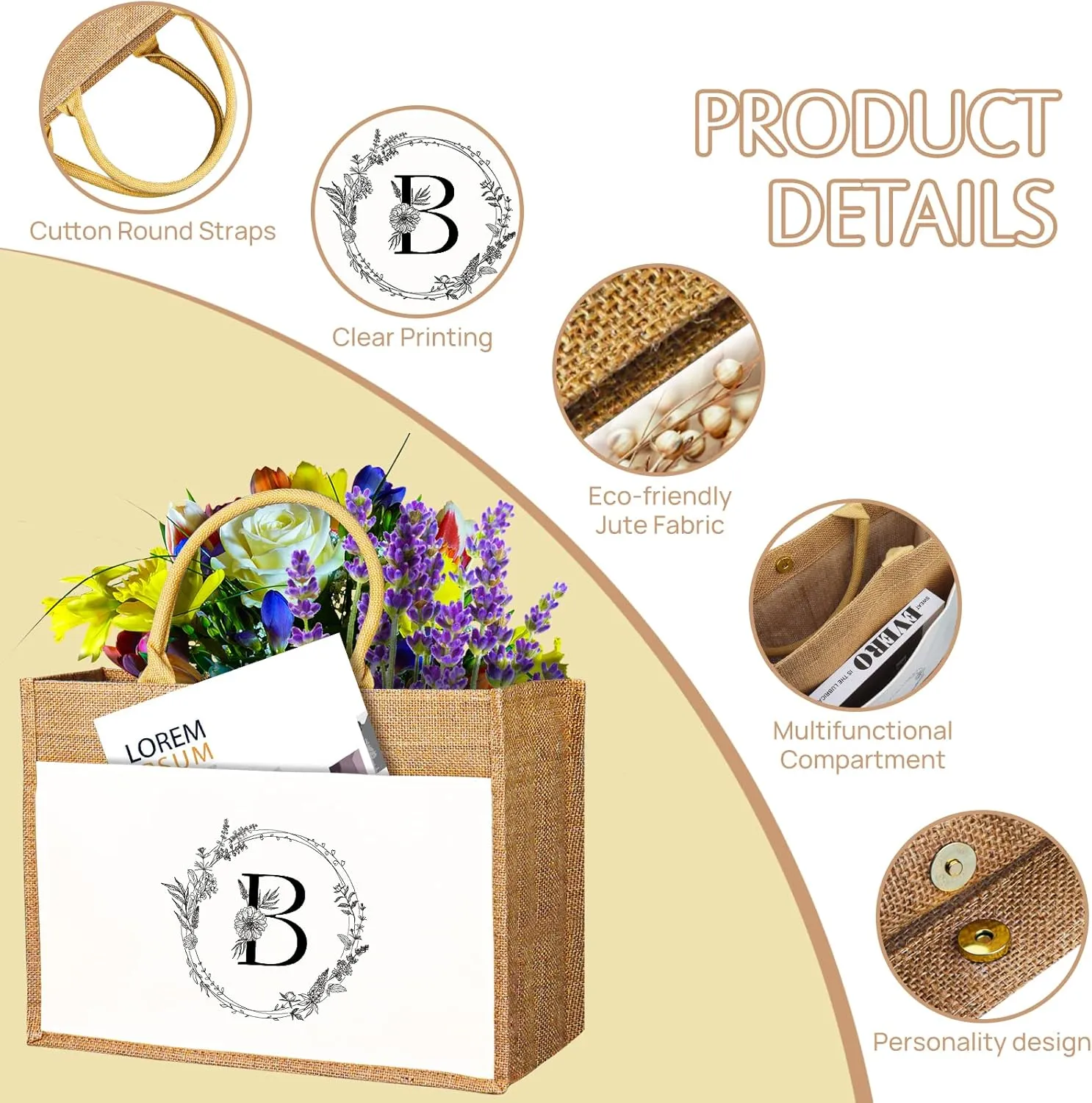 JUSTOTRY Initial Tote Bag - Natural Jute Large 13OZ Utility Personalized Canva Tote Bag Monogrammed Gift for Women