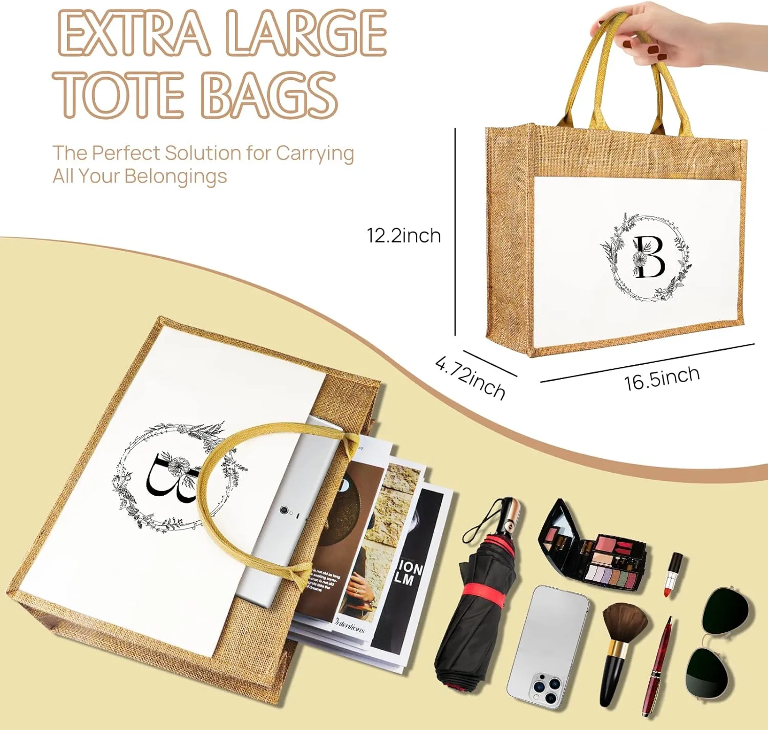 JUSTOTRY Initial Tote Bag - Natural Jute Large 13OZ Utility Personalized Canva Tote Bag Monogrammed Gift for Women