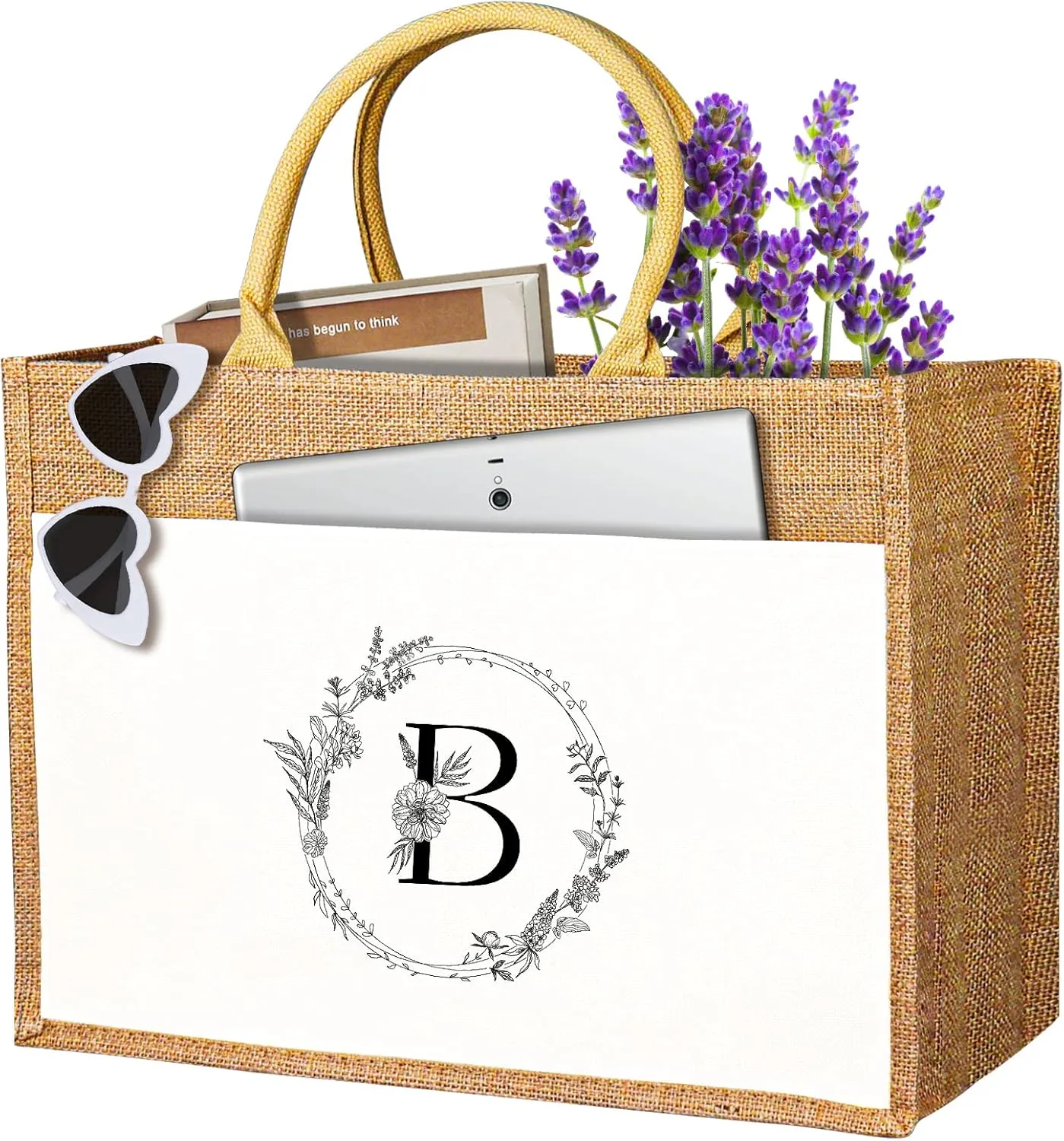 JUSTOTRY Initial Tote Bag - Natural Jute Large 13OZ Utility Personalized Canva Tote Bag Monogrammed Gift for Women